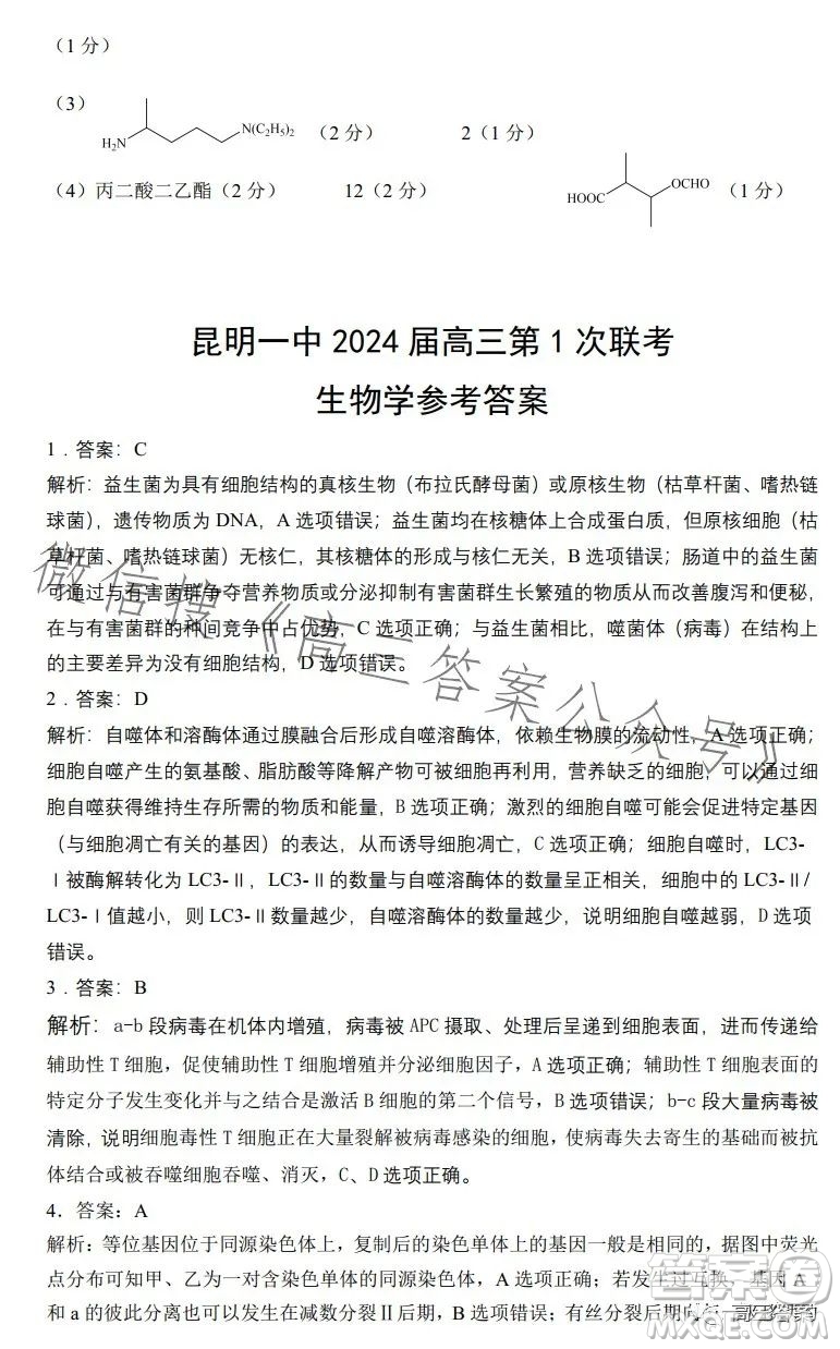 昆明市第一中學(xué)2024屆高中新課標(biāo)高三第一次摸底測試?yán)砜凭C合答案