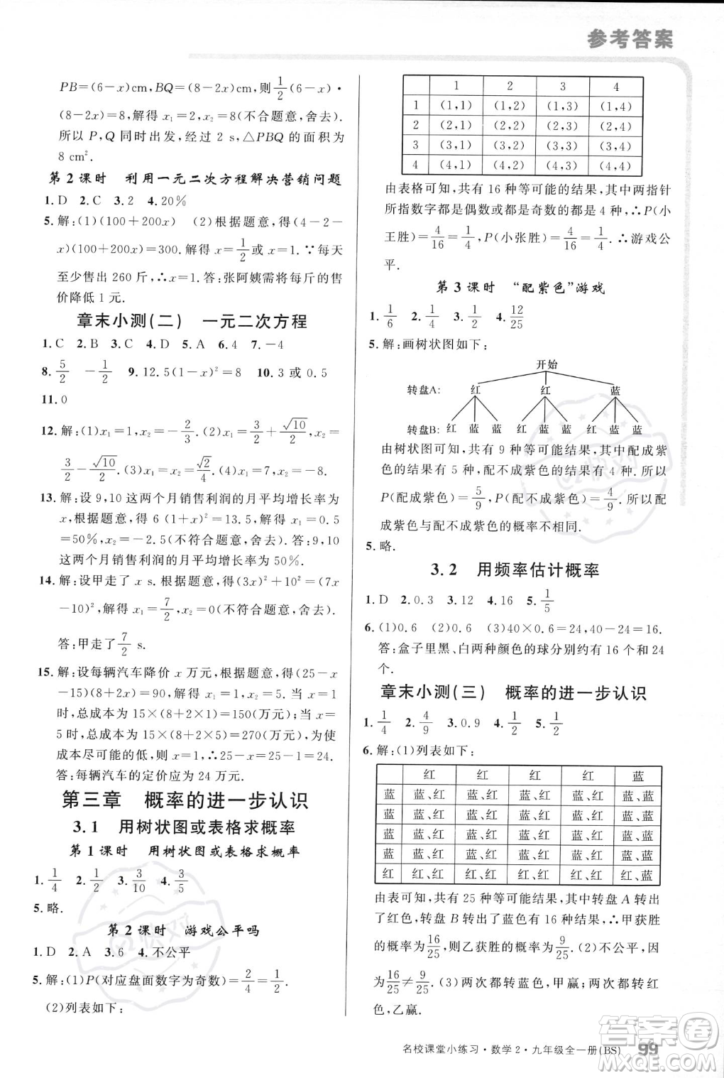 廣東經(jīng)濟出版社2023年秋名校課堂小練習九年級全一冊數(shù)學北師大版答案