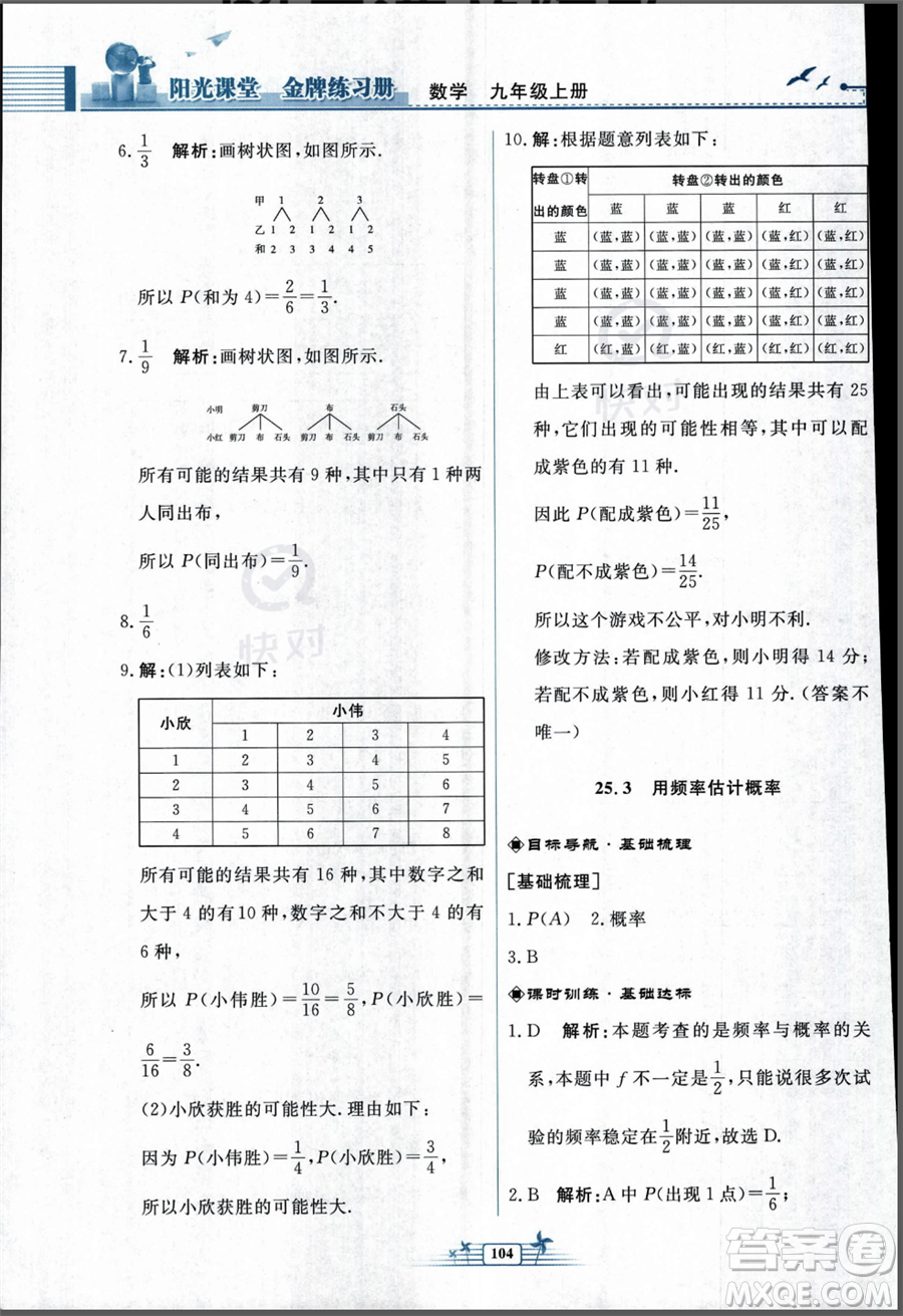 人民教育出版社2023年秋陽光課堂金牌練習(xí)冊九年級上冊數(shù)學(xué)人教版福建專版答案