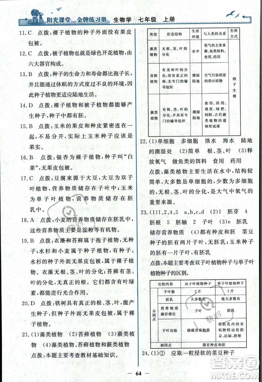 人民教育出版社2023年秋陽光課堂金牌練習(xí)冊七年級上冊生物人教版答案