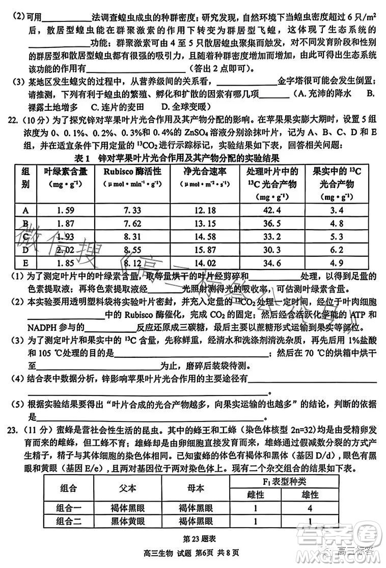 2023學(xué)年第一學(xué)期浙江省七彩陽光新高考研究聯(lián)盟返校聯(lián)考高三生物試題答案