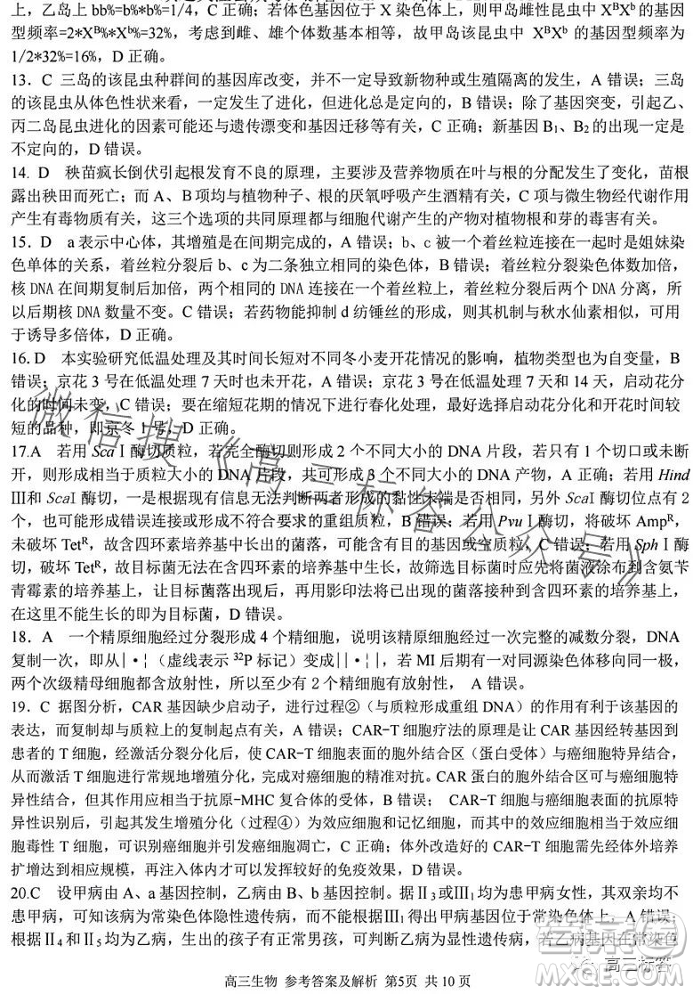 2023學(xué)年第一學(xué)期浙江省七彩陽光新高考研究聯(lián)盟返校聯(lián)考高三生物試題答案