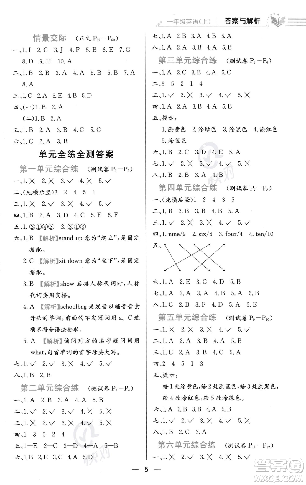 陜西人民教育出版社2023年秋小學(xué)教材全練一年級上冊英語人教版答案