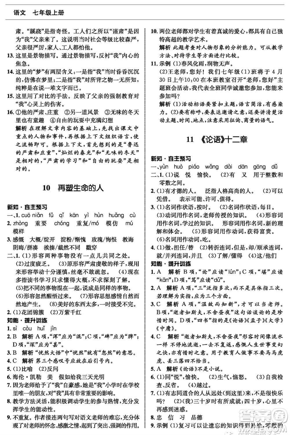 甘肅少年兒童出版社2023年秋配套綜合練習(xí)七年級(jí)語(yǔ)文上冊(cè)人教版參考答案