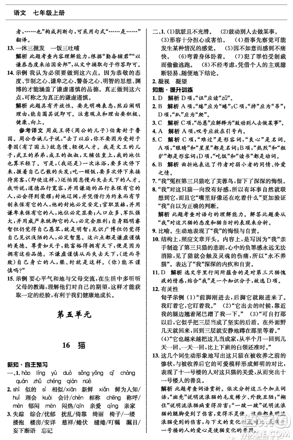 甘肅少年兒童出版社2023年秋配套綜合練習(xí)七年級(jí)語(yǔ)文上冊(cè)人教版參考答案