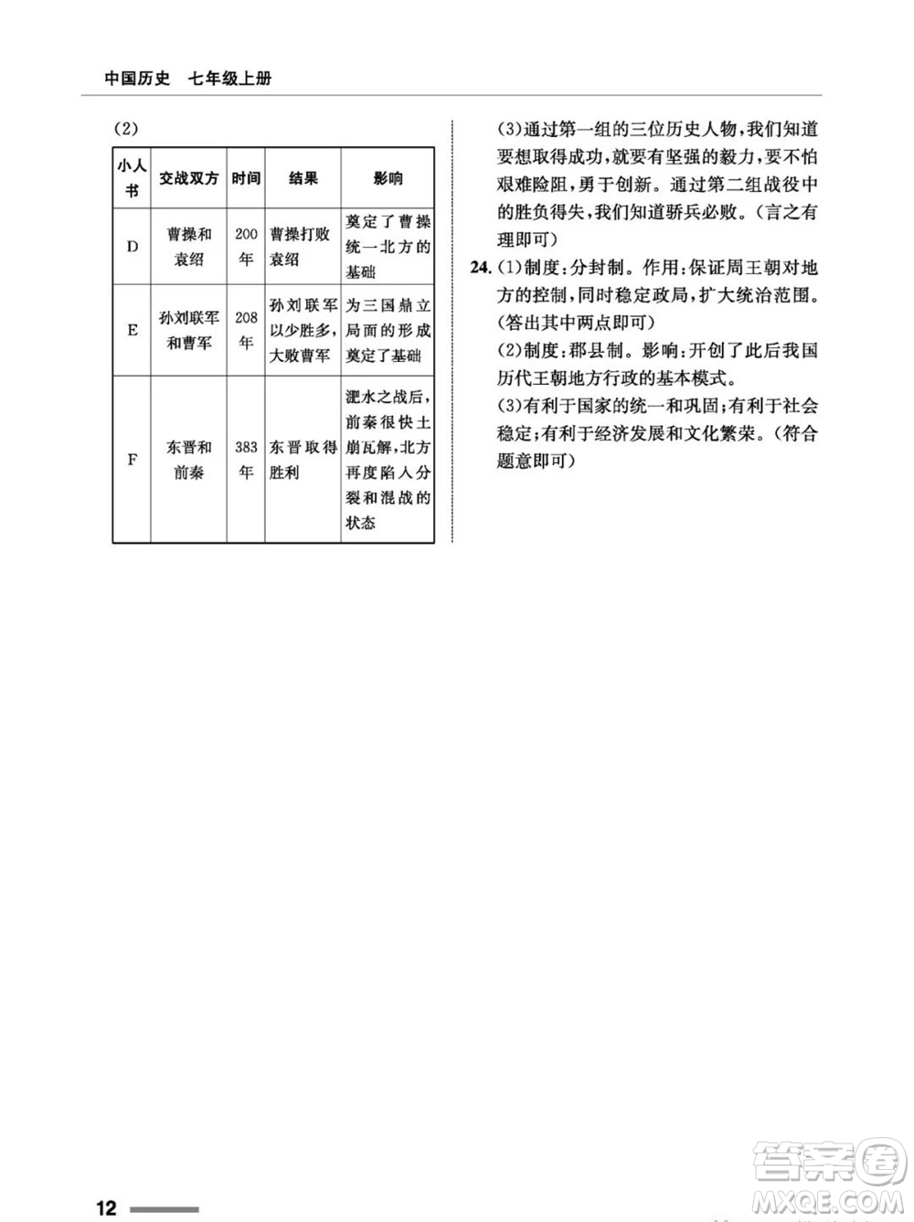 甘肅教育出版社2023年秋配套綜合練習七年級中國歷史上冊人教版參考答案