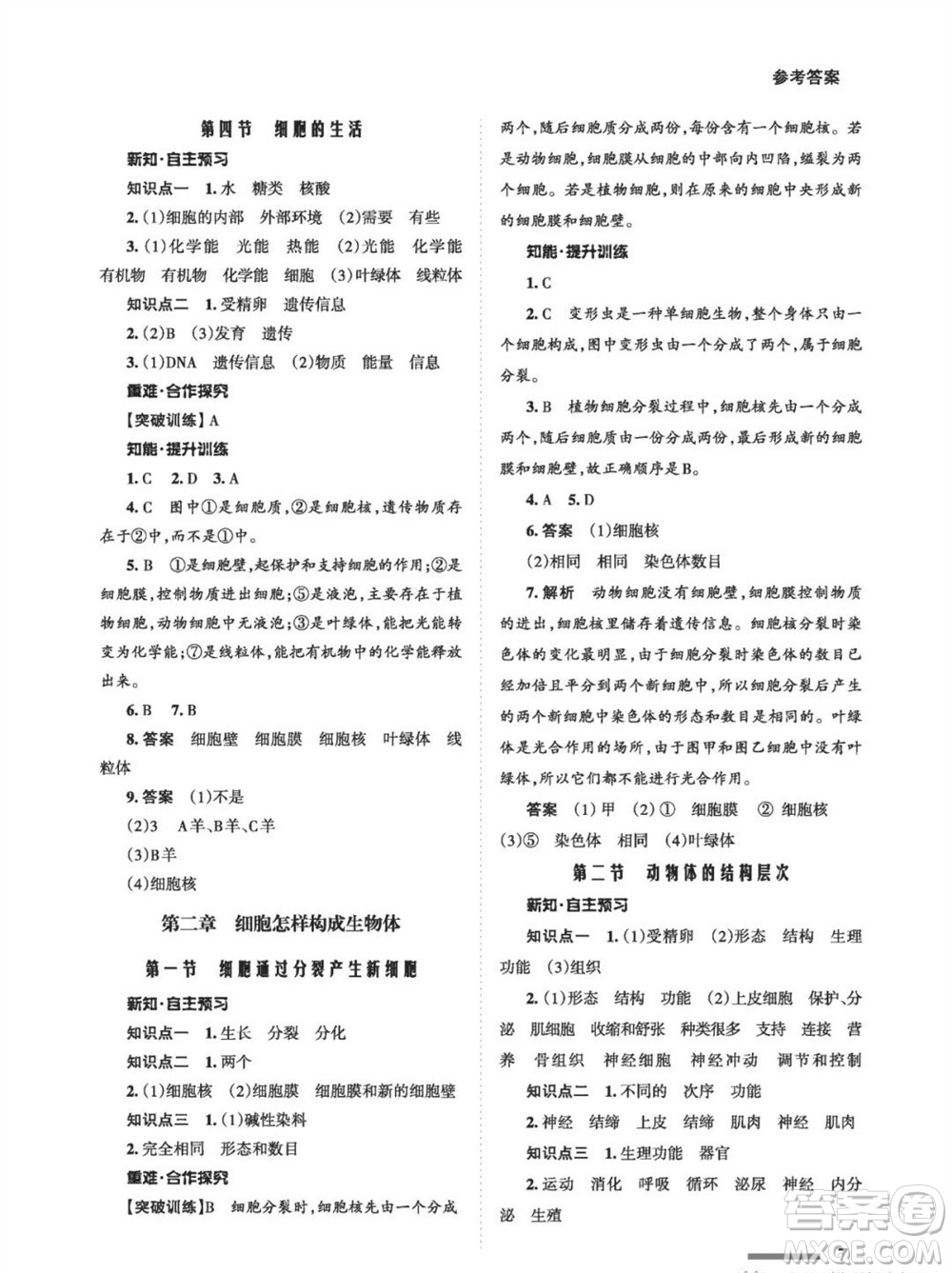 甘肅教育出版社2023年秋配套綜合練習(xí)七年級(jí)生物上冊(cè)人教版參考答案