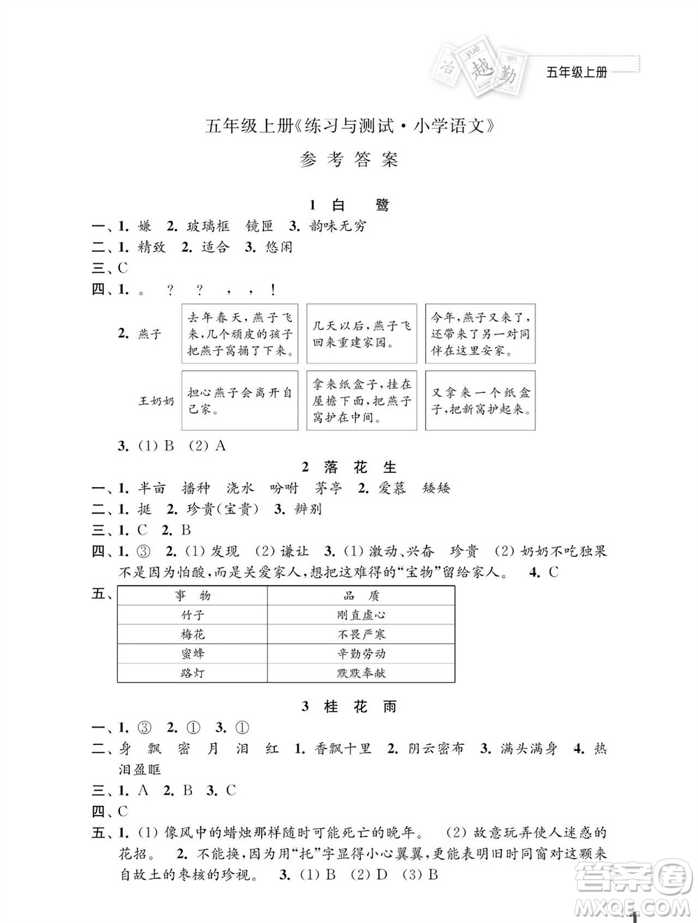 江蘇鳳凰教育出版社2023年秋小學(xué)語文練習(xí)與測(cè)試五年級(jí)上冊(cè)人教版參考答案