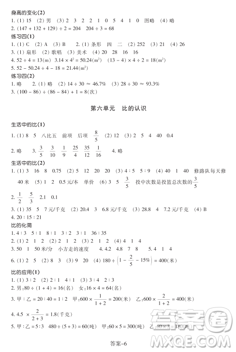 浙江少年兒童出版社2023年秋學(xué)評手冊六年級上冊數(shù)學(xué)B版答案