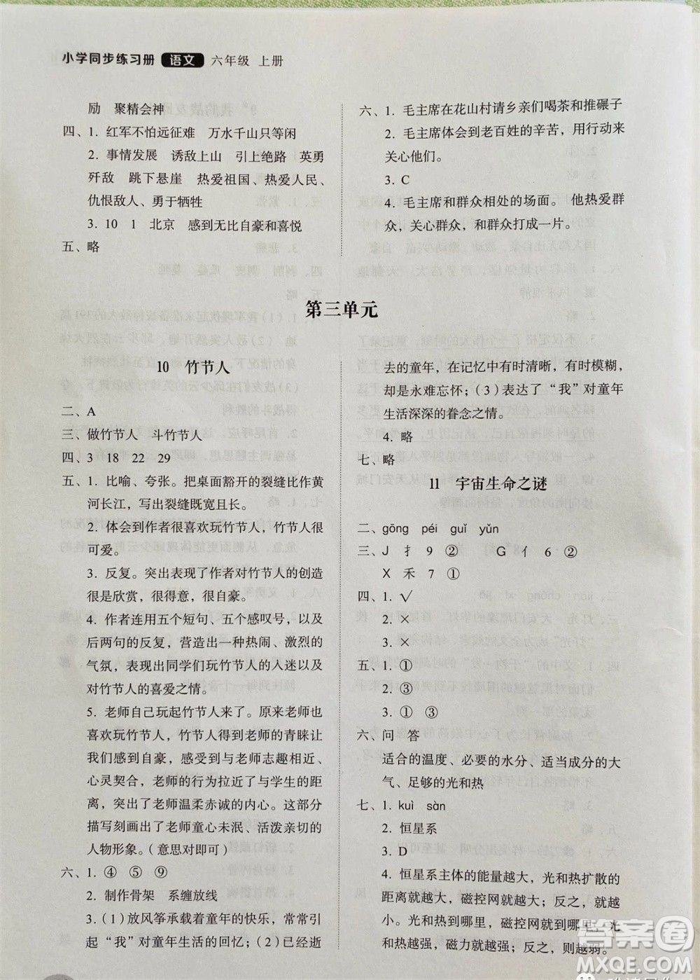 山東人民出版社2023年秋小學同步練習冊六年級語文上冊人教版參考答案