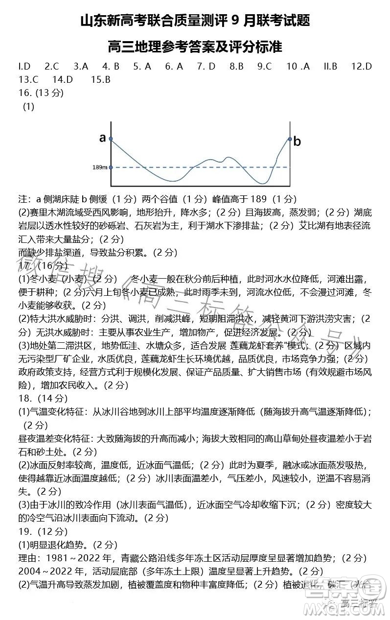 2024山東新高考聯(lián)合質(zhì)量測(cè)評(píng)9月聯(lián)考高三地理試題答案