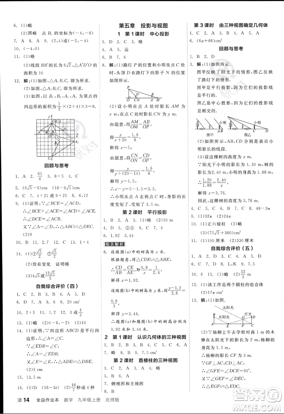 陽光出版社2023年秋季全品作業(yè)本九年級數(shù)學(xué)上冊北師大版答案