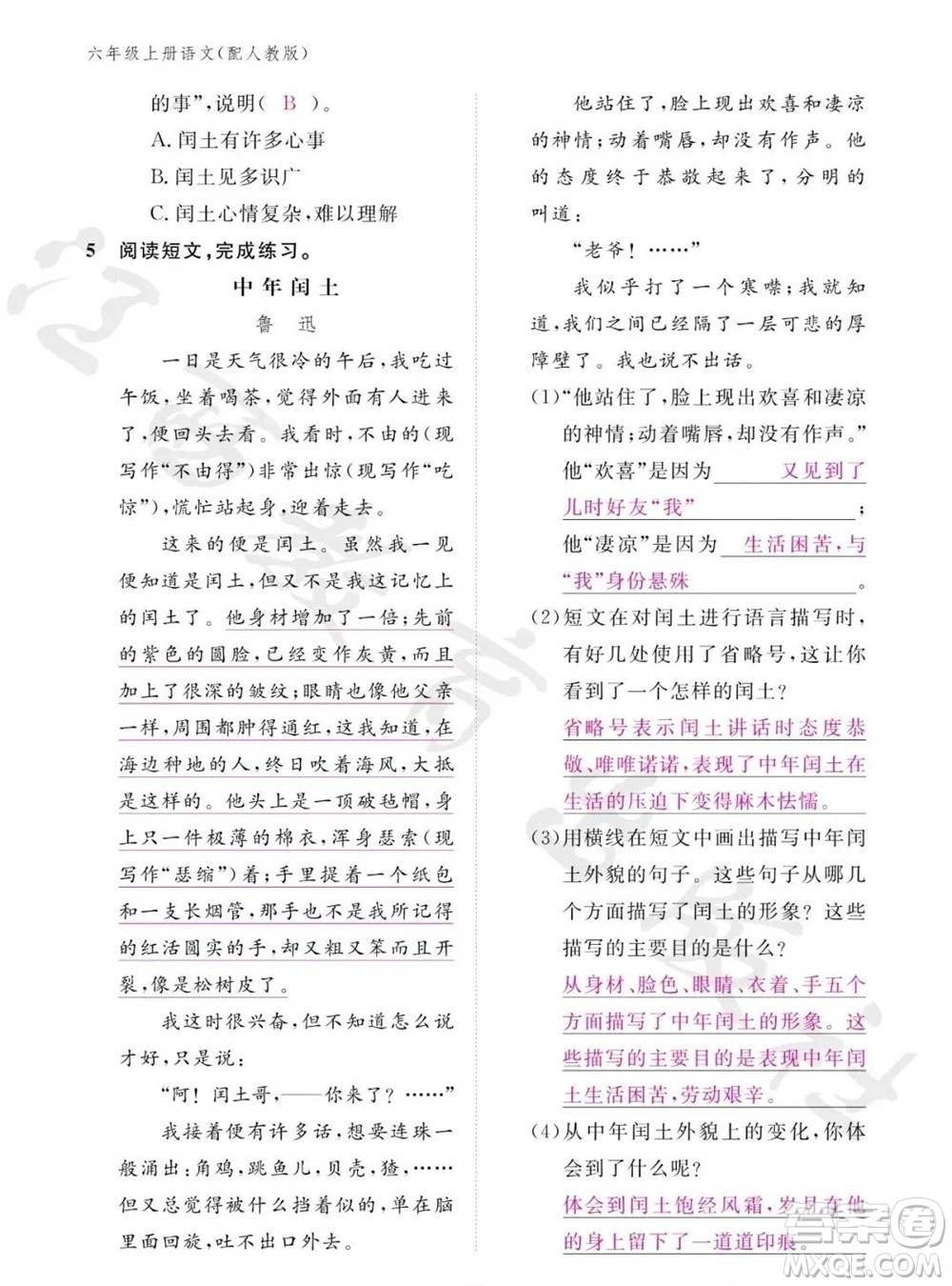 江西教育出版社2023年秋語(yǔ)文作業(yè)本六年級(jí)上冊(cè)人教版參考答案