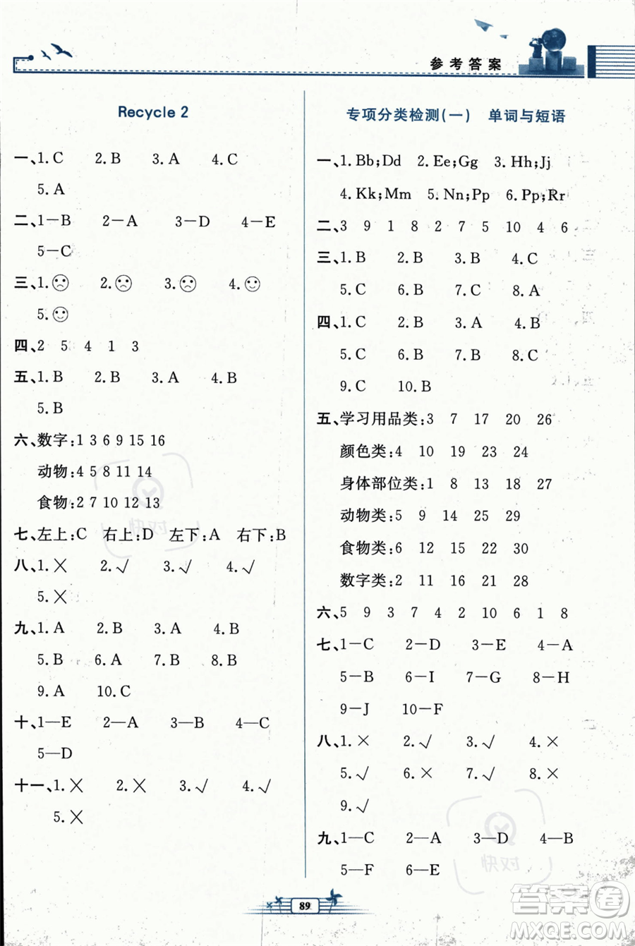 人民教育出版社2023年秋陽光課堂金牌練習(xí)冊(cè)三年級(jí)英語上冊(cè)人教PEP版答案