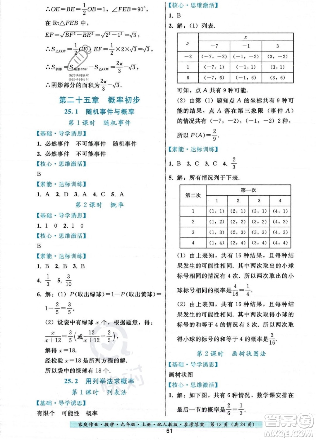 貴州科技出版社2023年秋家庭作業(yè)九年級數(shù)學(xué)上冊人教版答案