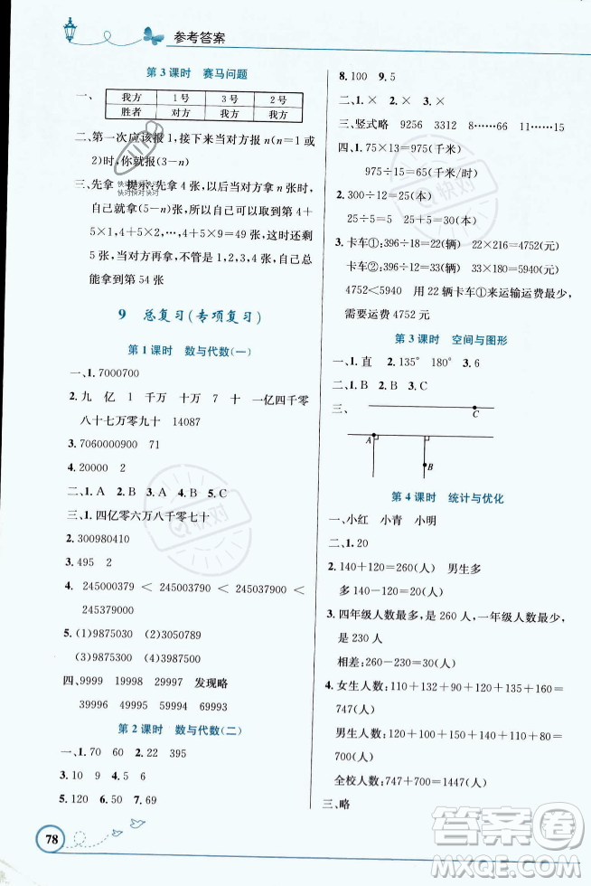 人民教育出版社2023年秋小學同步測控優(yōu)化設計四年級數(shù)學上冊人教版福建專版答案