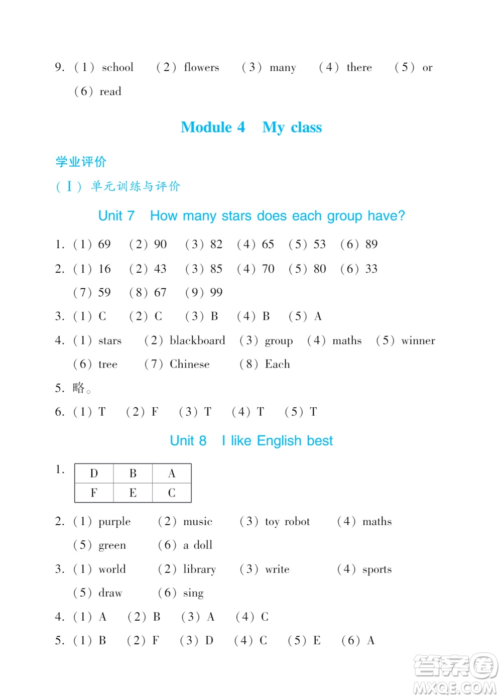 廣州出版社2023年秋陽光學業(yè)評價四年級英語上冊教科版參考答案