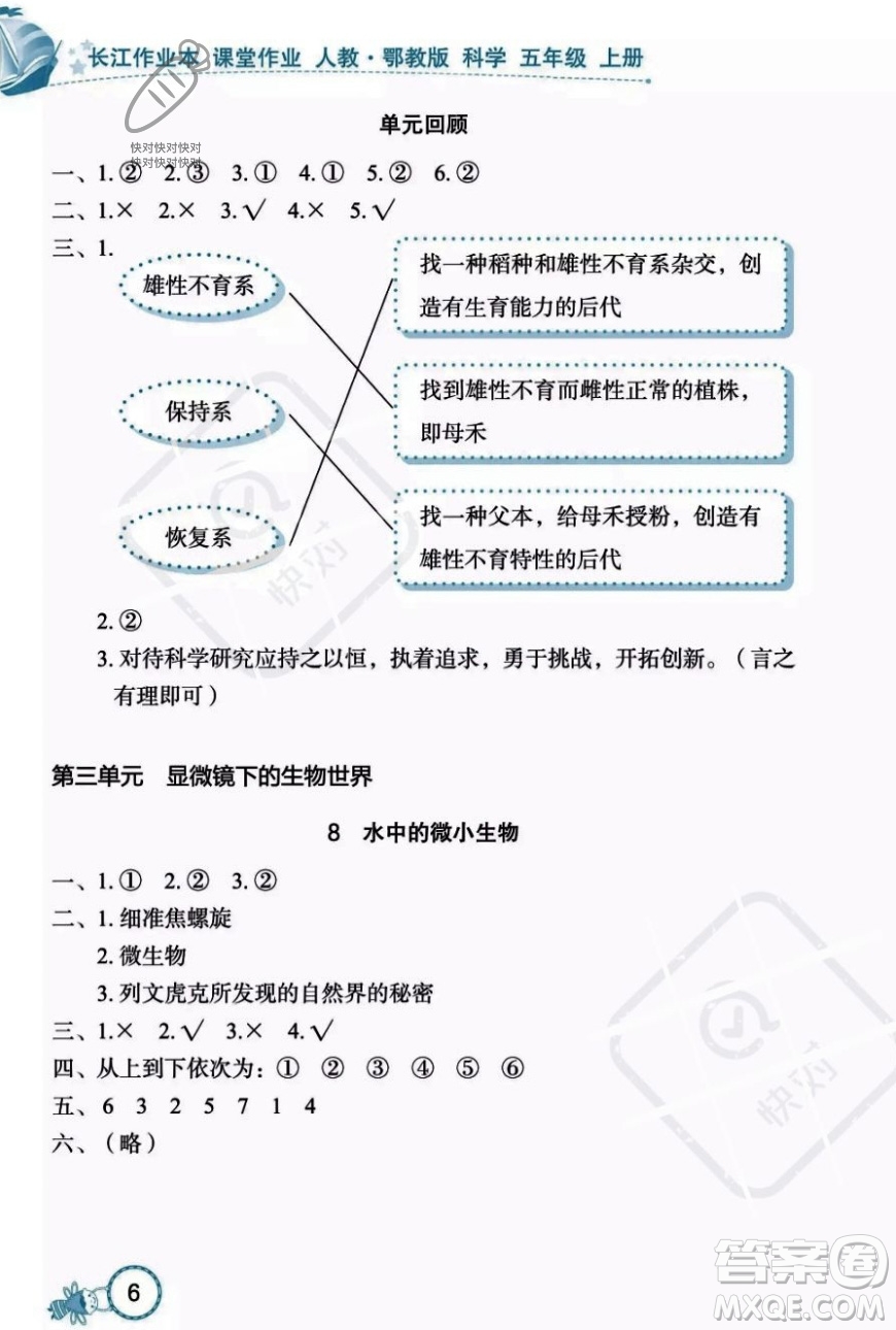 湖北教育出版社2023年秋長江作業(yè)本課堂作業(yè)五年級科學(xué)上冊人教鄂教版答案