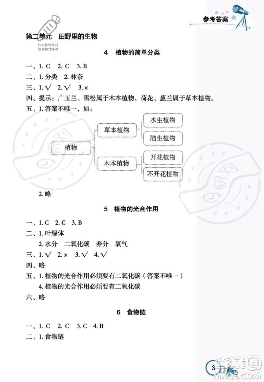 湖北教育出版社2023年秋長江作業(yè)本課堂作業(yè)六年級(jí)科學(xué)上冊人教鄂教版答案