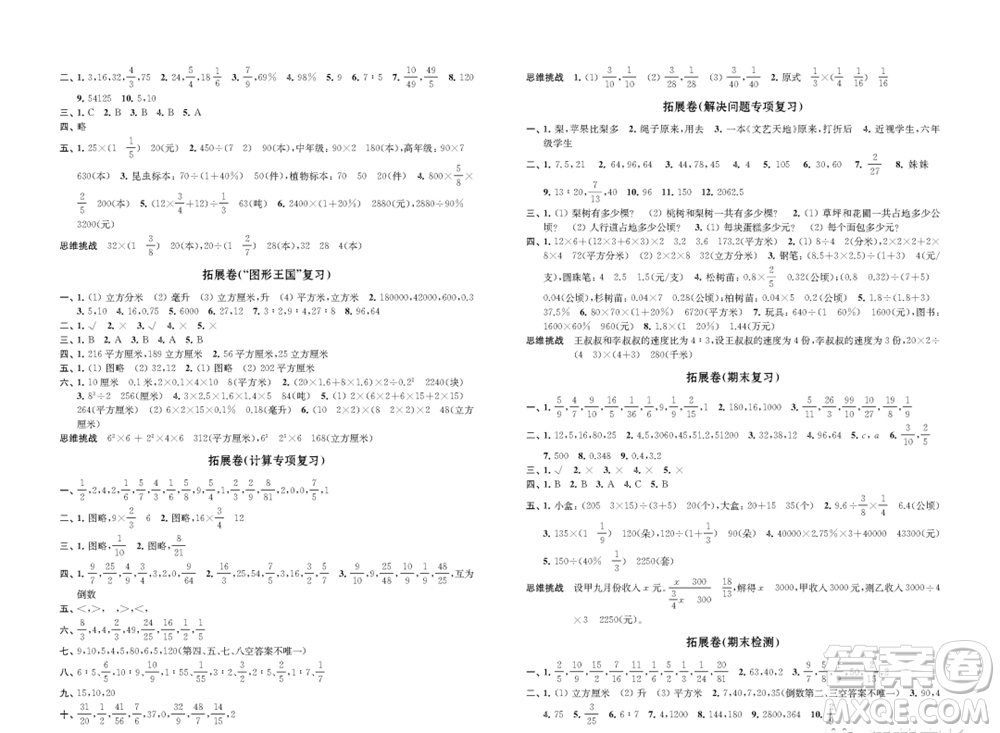 江蘇鳳凰教育出版社2023年秋小學(xué)數(shù)學(xué)強(qiáng)化拓展卷六年級(jí)上冊(cè)蘇教版提優(yōu)版參考答案