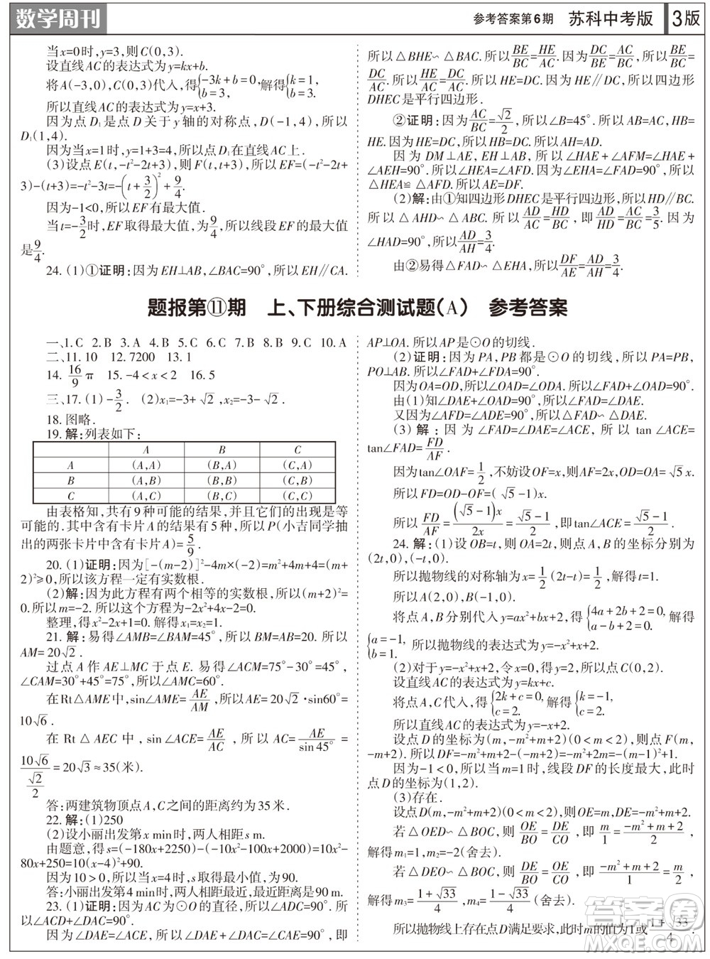 2023年秋學(xué)習(xí)方法報(bào)數(shù)學(xué)周刊九年級(jí)上冊(cè)蘇科版中考專版第6期參考答案