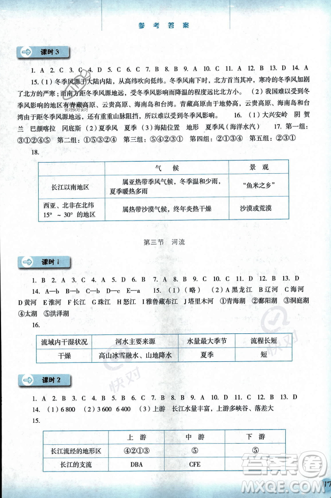 河北人民出版社2023年秋同步訓(xùn)練八年級(jí)地理上冊(cè)人教版答案