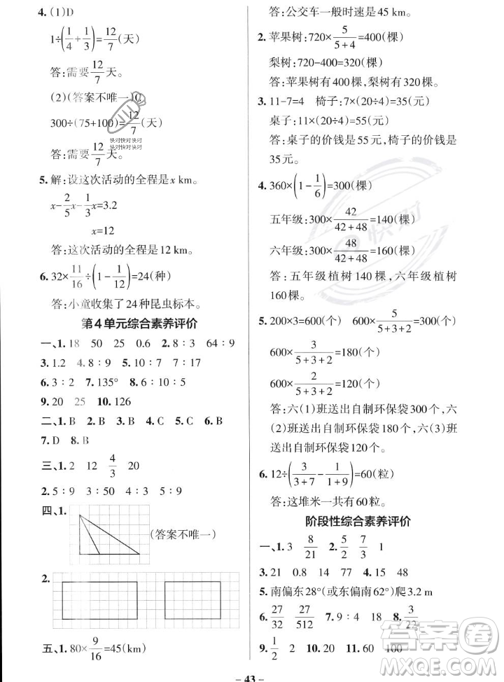 遼寧教育出版社2023年秋PASS小學(xué)學(xué)霸作業(yè)本六年級數(shù)學(xué)上冊人教版答案