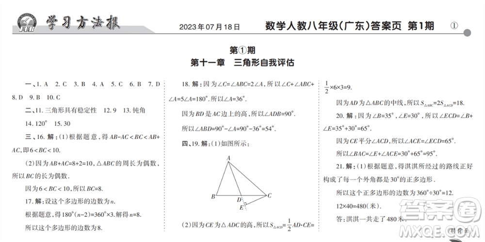 學(xué)習(xí)方法報(bào)2023-2024學(xué)年八年級(jí)數(shù)學(xué)上冊(cè)人教廣東版①-③期小報(bào)參考答案