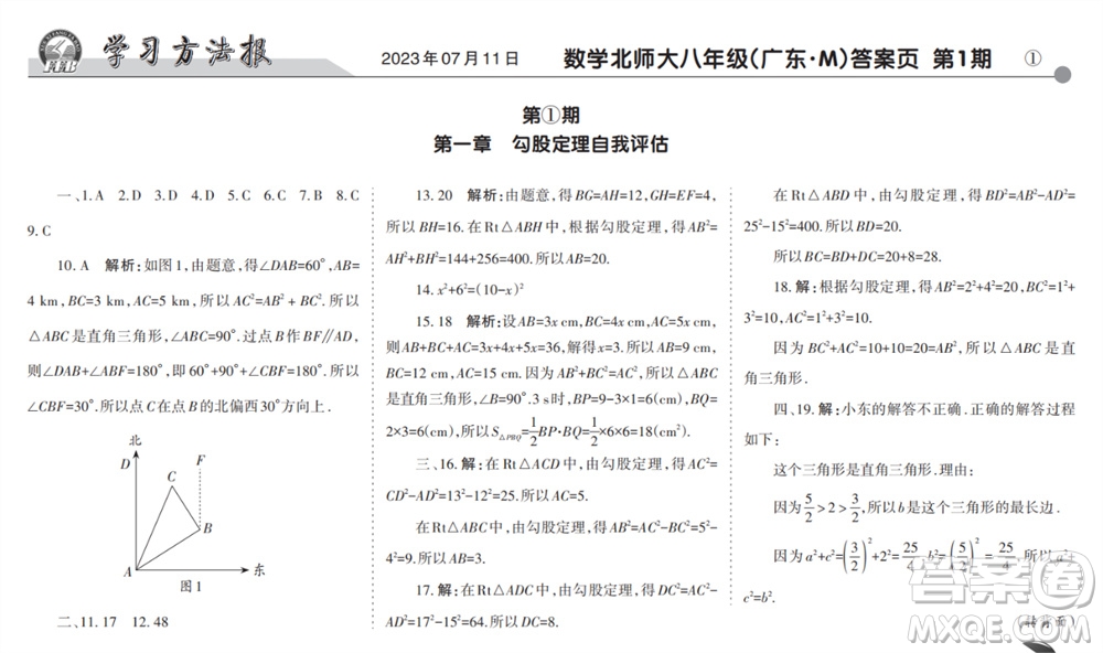 學(xué)習(xí)方法報(bào)2023-2024學(xué)年八年級(jí)數(shù)學(xué)上冊(cè)北師大廣東版①-③期小報(bào)參考答案