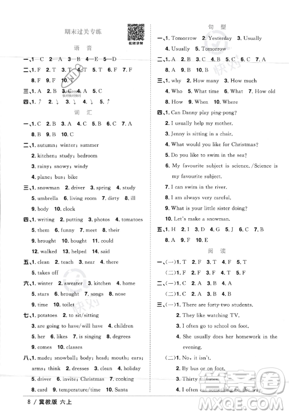 江西教育出版社2023年秋陽(yáng)光同學(xué)課時(shí)優(yōu)化作業(yè)六年級(jí)英語(yǔ)上冊(cè)冀教版答案