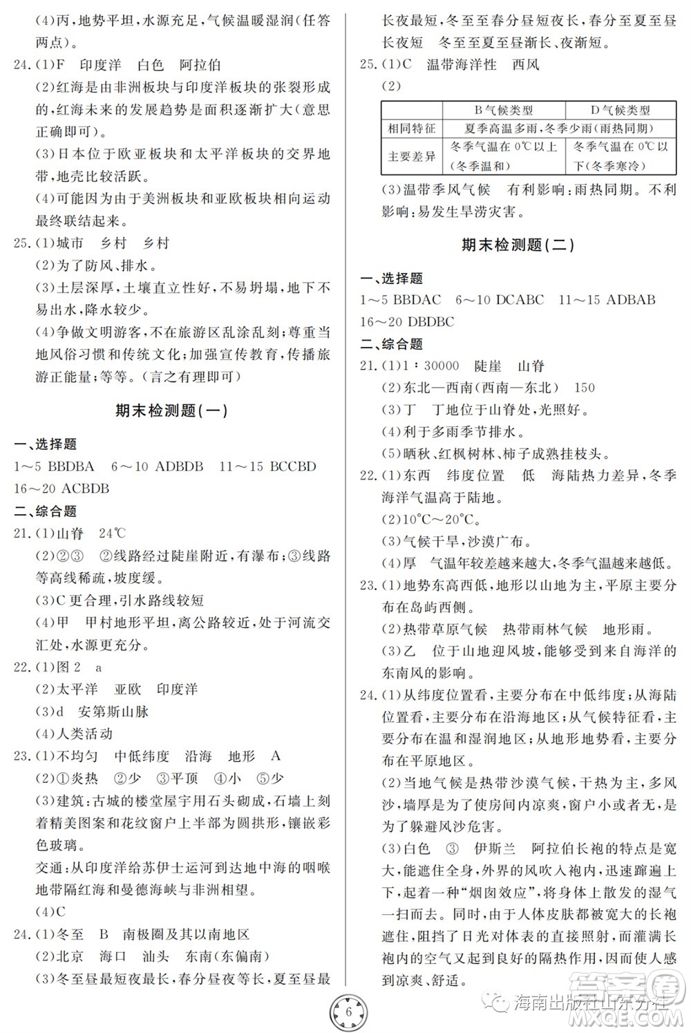 山東人民出版社2023年秋同步練習(xí)冊分層檢測卷七年級地理上冊人教版參考答案