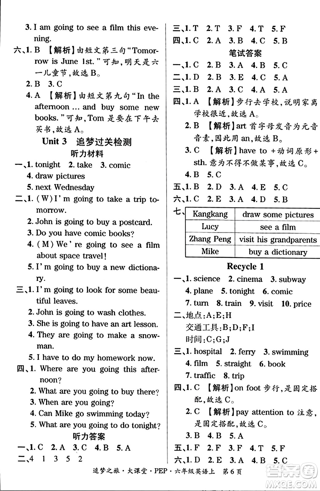 天津科學(xué)技術(shù)出版社2023年秋追夢之旅大課堂六年級英語上冊人教PEP版答案