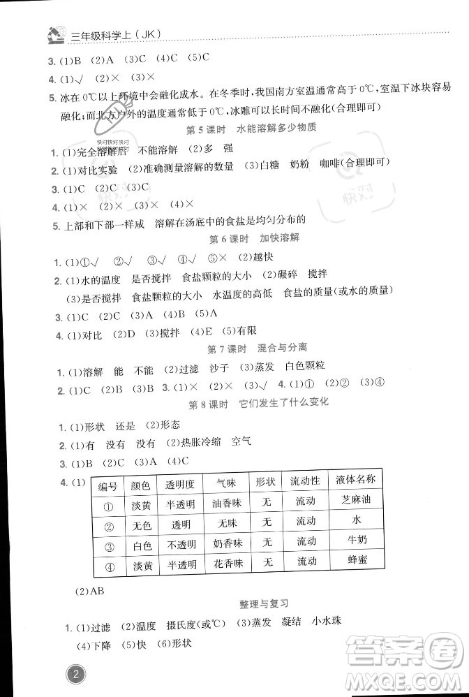 龍門書局2023年秋黃岡小狀元作業(yè)本三年級(jí)科學(xué)上冊(cè)教科版答案