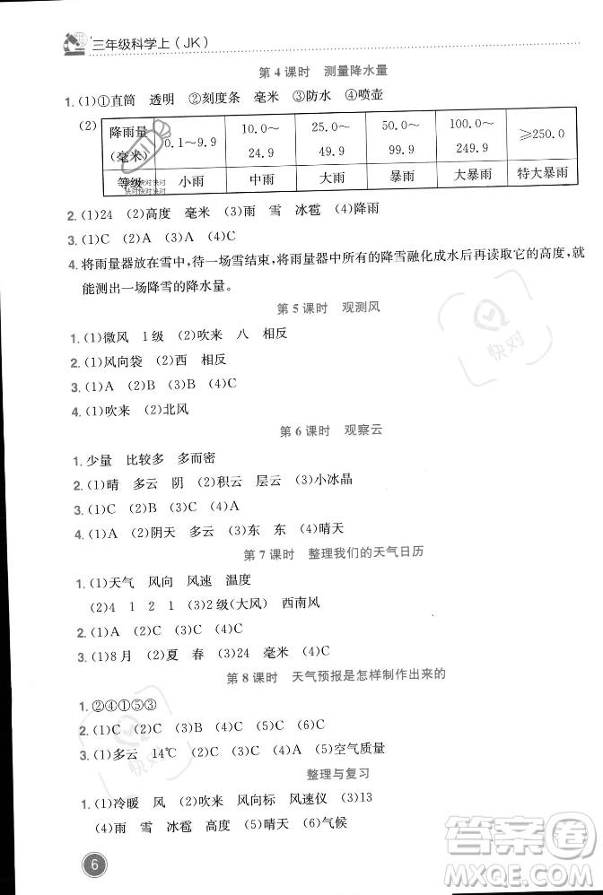 龍門書局2023年秋黃岡小狀元作業(yè)本三年級(jí)科學(xué)上冊(cè)教科版答案