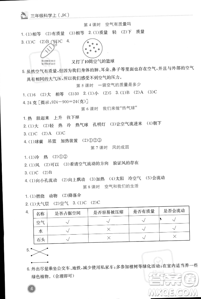 龍門書局2023年秋黃岡小狀元作業(yè)本三年級(jí)科學(xué)上冊(cè)教科版答案