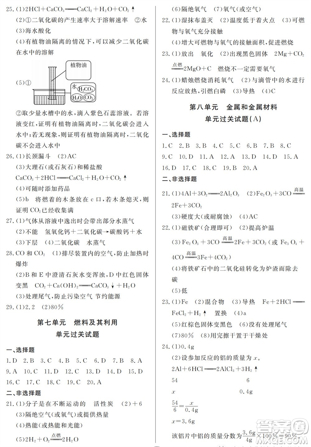 山東人民出版社2023年秋同步練習(xí)冊分層檢測卷九年級化學(xué)全冊人教版參考答案