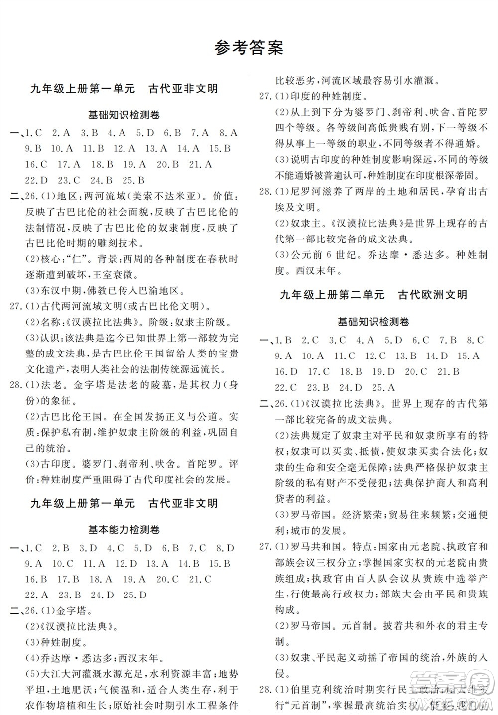 山東人民出版社2023年秋同步練習(xí)冊(cè)分層檢測(cè)卷九年級(jí)歷史全冊(cè)人教版參考答案