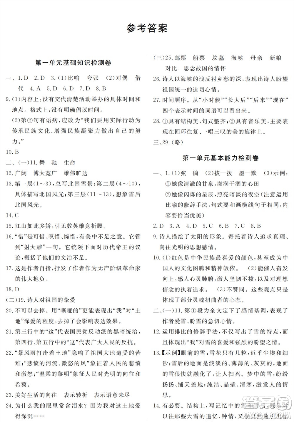 山東人民出版社2023年秋同步練習(xí)冊(cè)分層檢測(cè)卷九年級(jí)語(yǔ)文上冊(cè)人教版參考答案