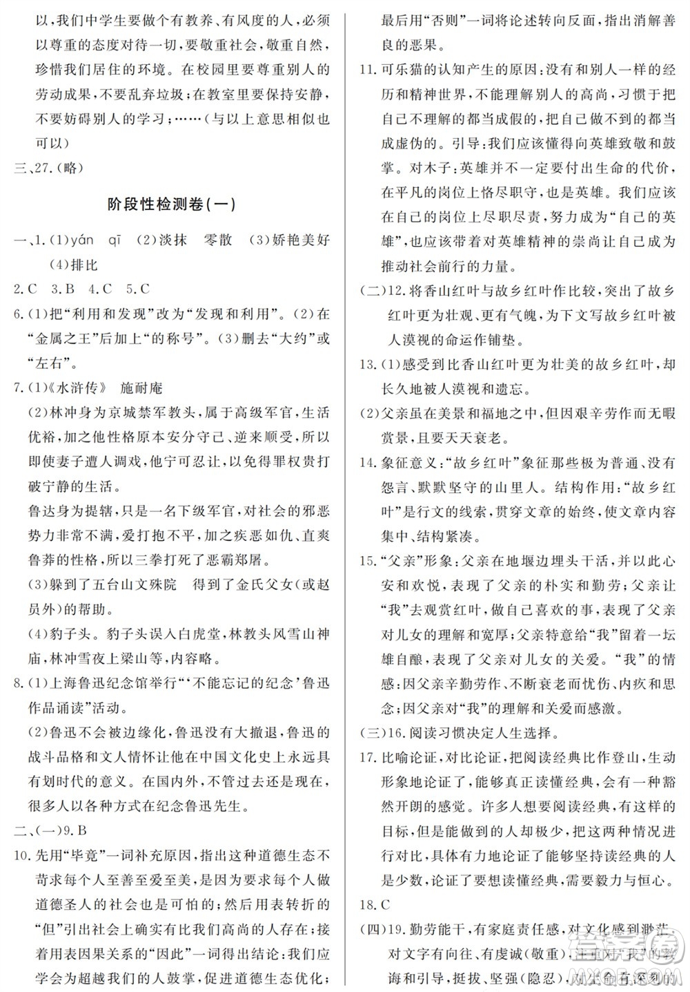 山東人民出版社2023年秋同步練習(xí)冊(cè)分層檢測(cè)卷九年級(jí)語(yǔ)文上冊(cè)人教版參考答案