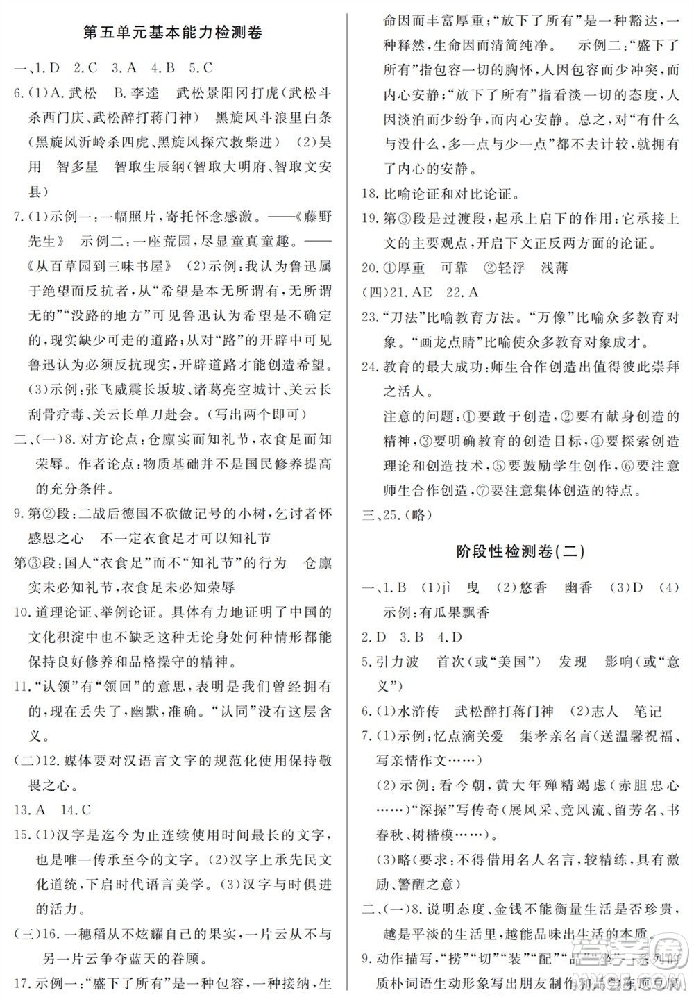 山東人民出版社2023年秋同步練習(xí)冊(cè)分層檢測(cè)卷九年級(jí)語(yǔ)文上冊(cè)人教版參考答案