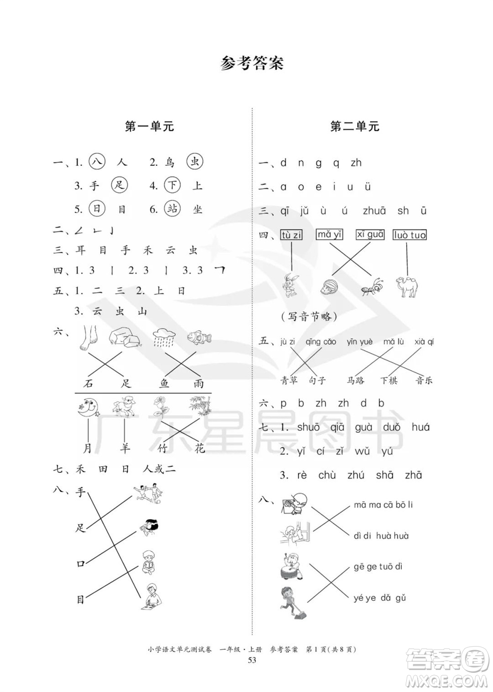 華南理工大學(xué)出版社2023年秋小學(xué)語文單元測試卷一年級(jí)上冊(cè)統(tǒng)編版參考答案