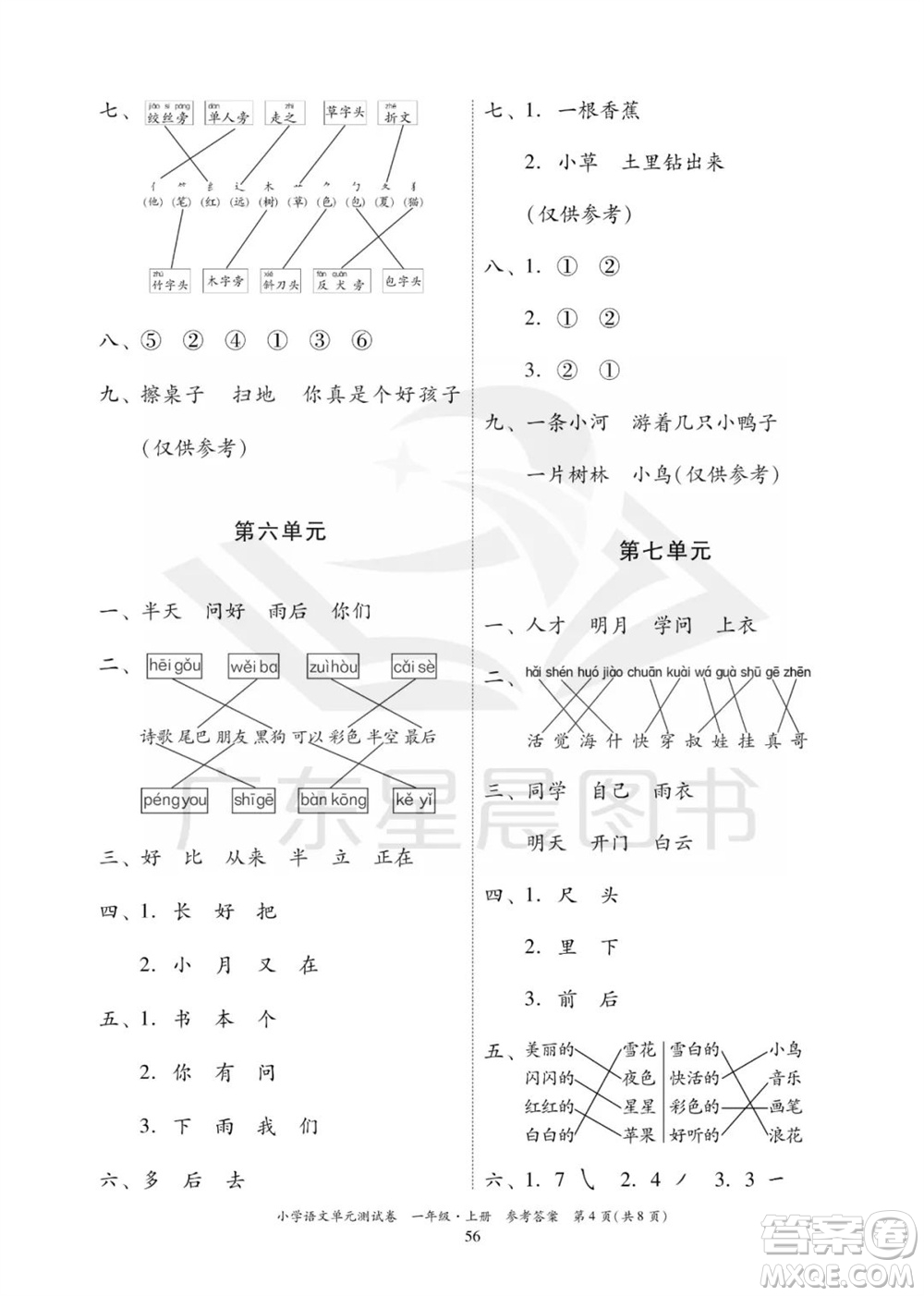 華南理工大學(xué)出版社2023年秋小學(xué)語文單元測試卷一年級(jí)上冊(cè)統(tǒng)編版參考答案