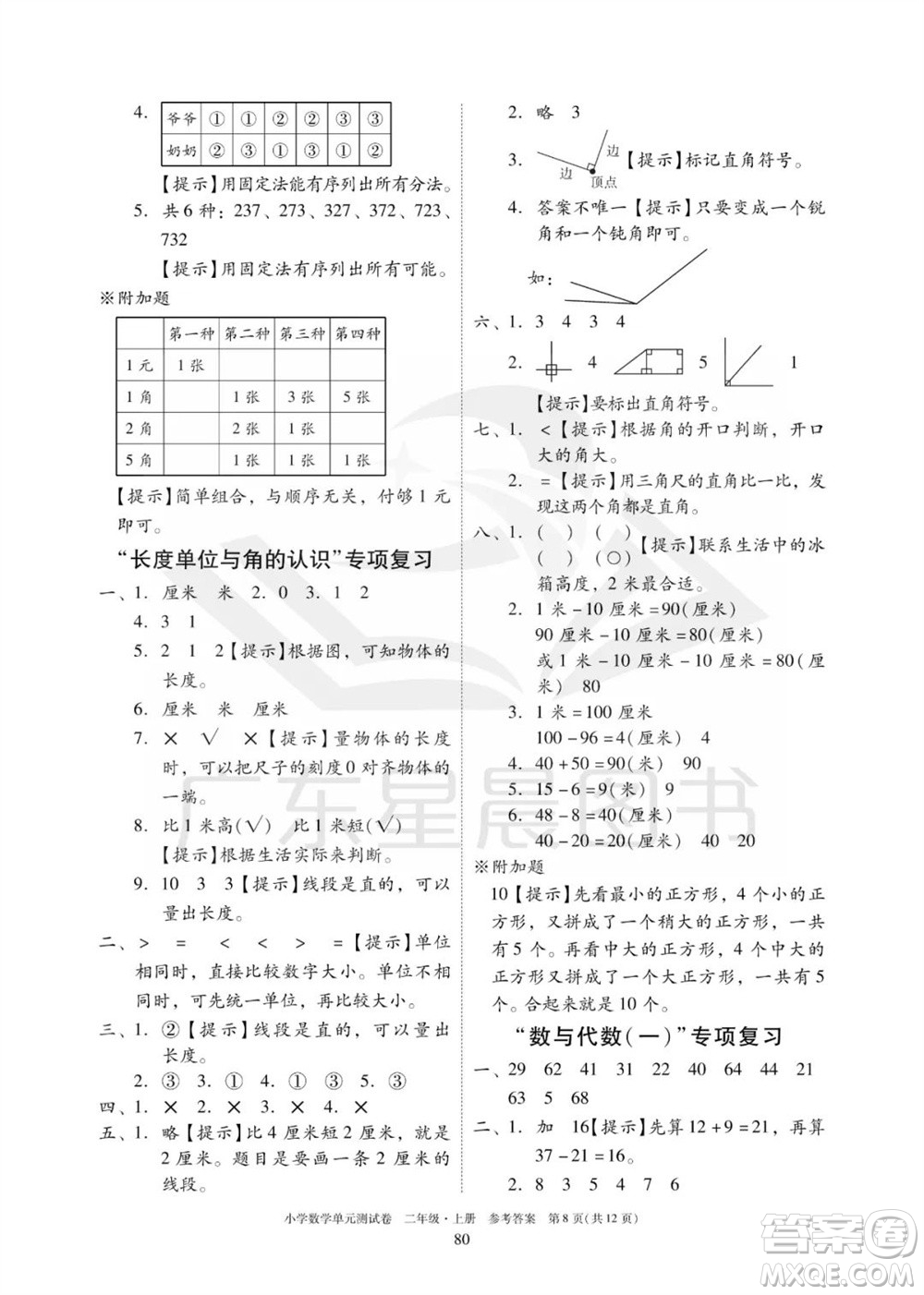 華南理工大學(xué)出版社2023年秋小學(xué)數(shù)學(xué)單元測試卷二年級上冊人教版參考答案