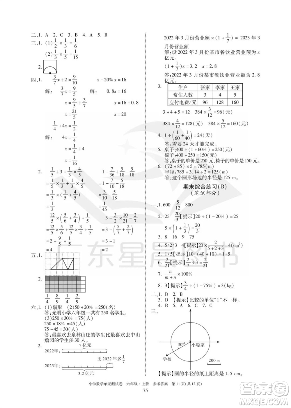 華南理工大學(xué)出版社2023年秋小學(xué)數(shù)學(xué)單元測試卷六年級上冊人教版參考答案