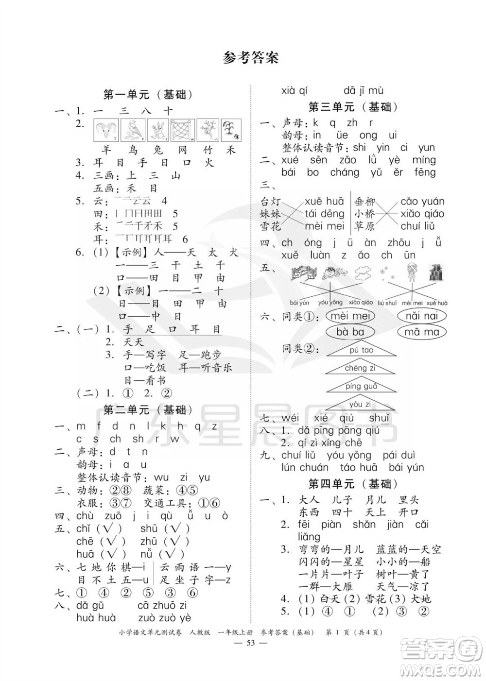 廣東人民出版社2023年秋小學(xué)語文單元測(cè)試卷一年級(jí)上冊(cè)人教版佛山專版參考答案