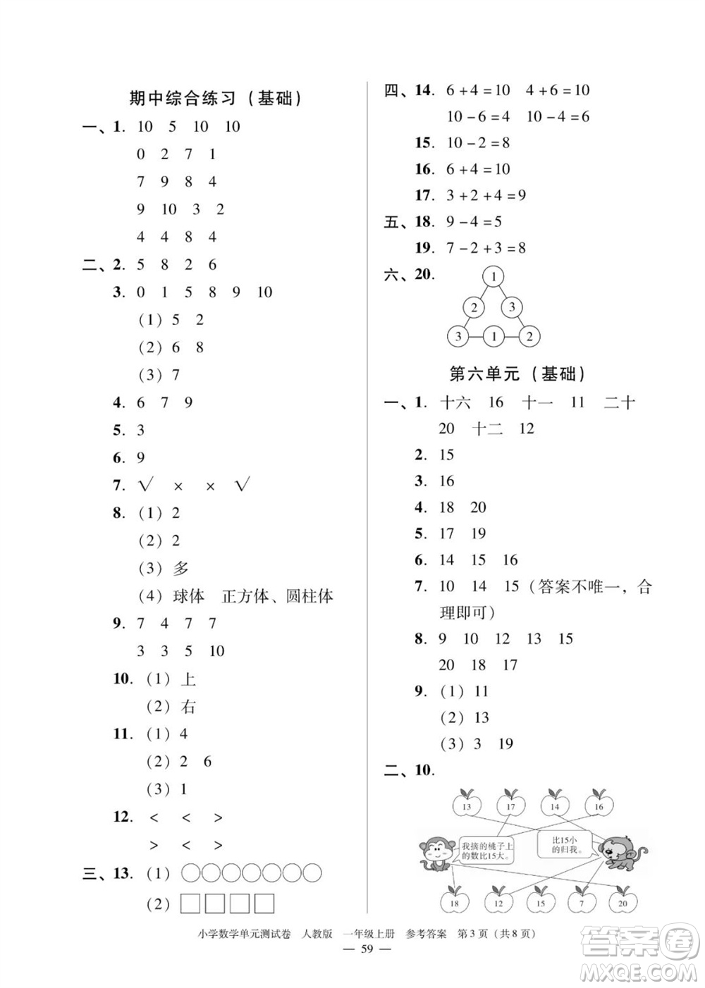 廣東人民出版社2023年秋小學(xué)數(shù)學(xué)單元測(cè)試卷一年級(jí)上冊(cè)人教版佛山專版參考答案