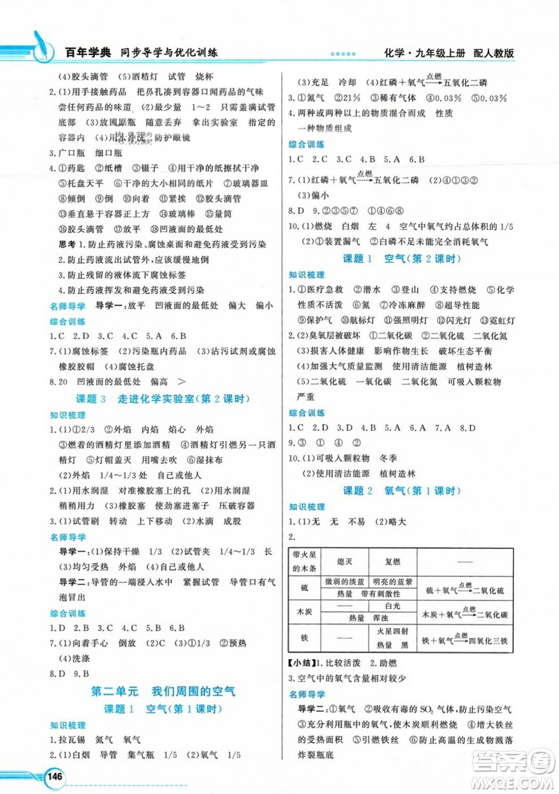 人民教育出版社2023年秋同步導(dǎo)學(xué)與優(yōu)化訓(xùn)練九年級(jí)化學(xué)上冊(cè)人教版答案