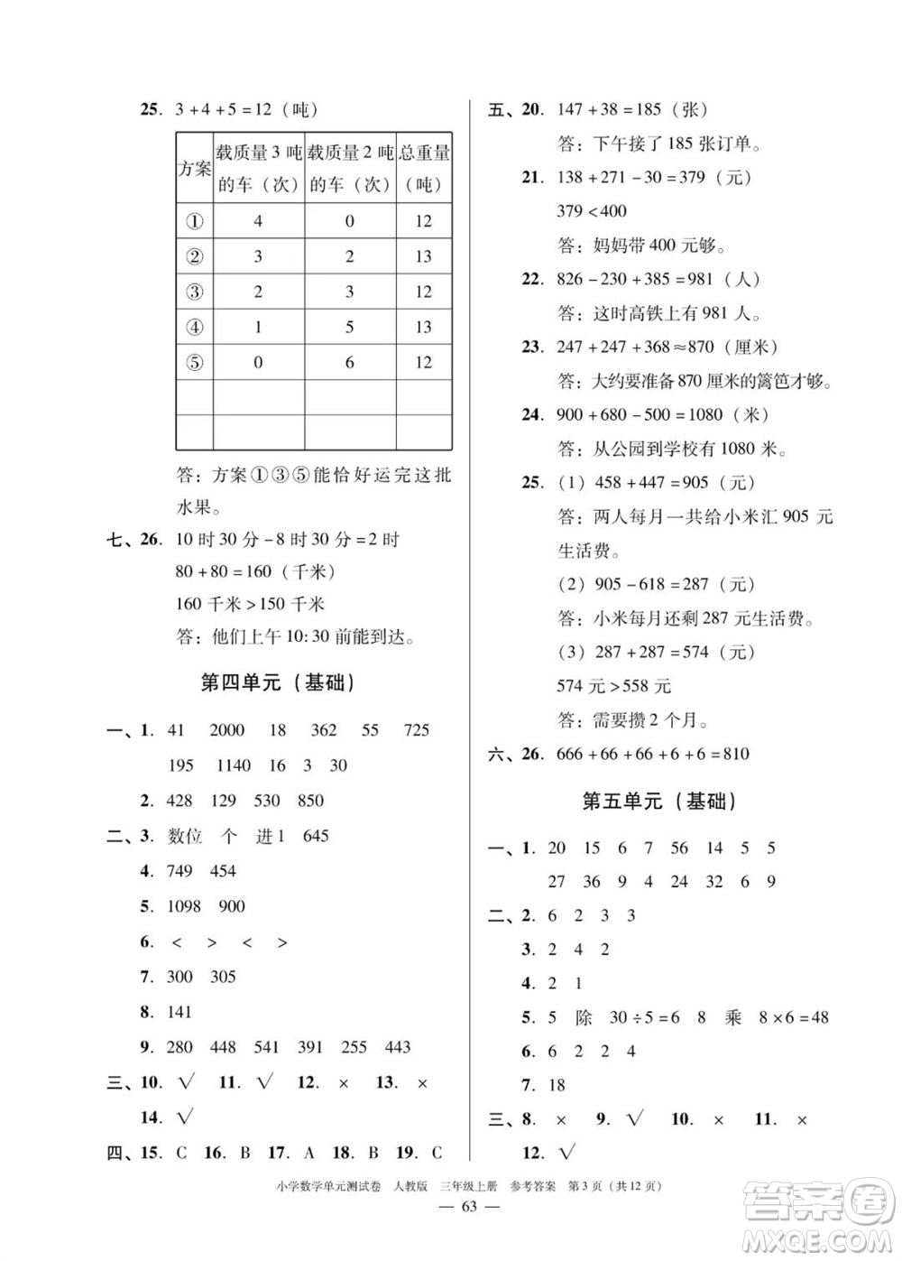 廣東人民出版社2023年秋小學(xué)數(shù)學(xué)單元測試卷三年級上冊人教版佛山專版參考答案