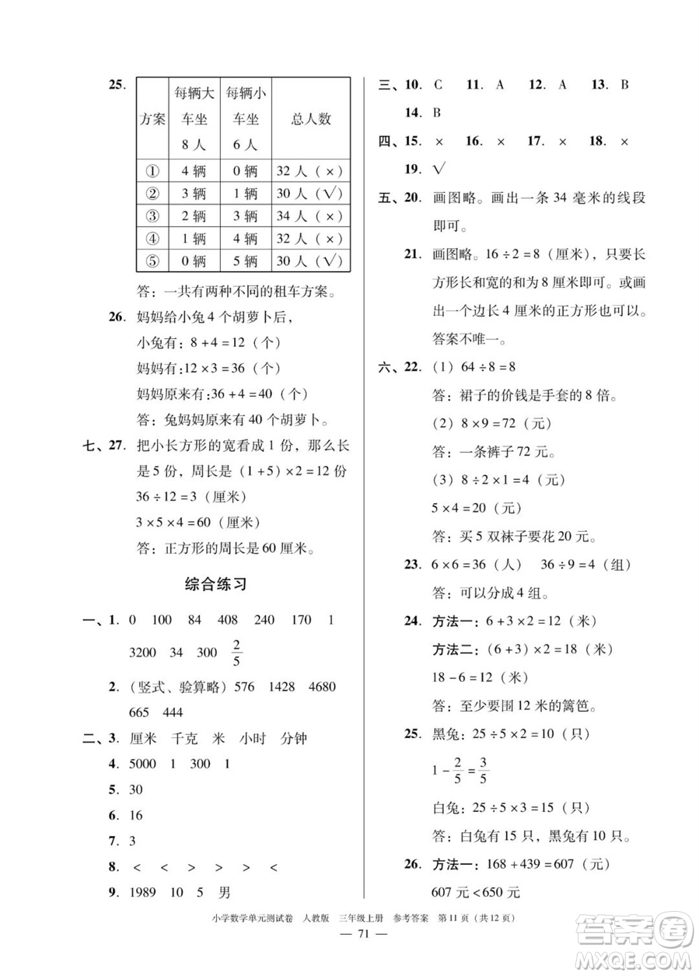 廣東人民出版社2023年秋小學(xué)數(shù)學(xué)單元測試卷三年級上冊人教版佛山專版參考答案