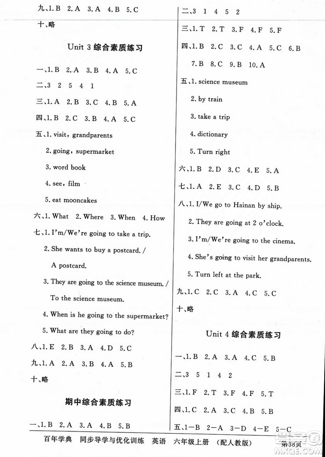 人民教育出版社2023年秋同步導(dǎo)學(xué)與優(yōu)化訓(xùn)練六年級英語上冊人教PEP版答案